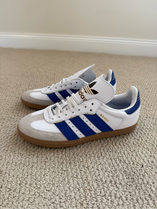 adidas Shoes - adidas Samba Leather Sneakers — White, Blue & Gum with oversized logo